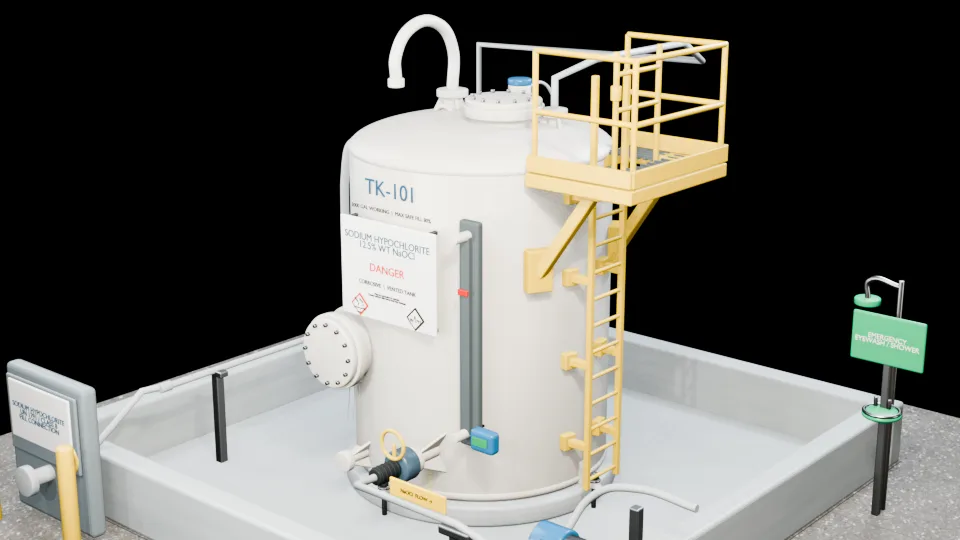 Aboveground fiberglass chemical storage tank in secondary containment with connected piping, ladder, and work platform